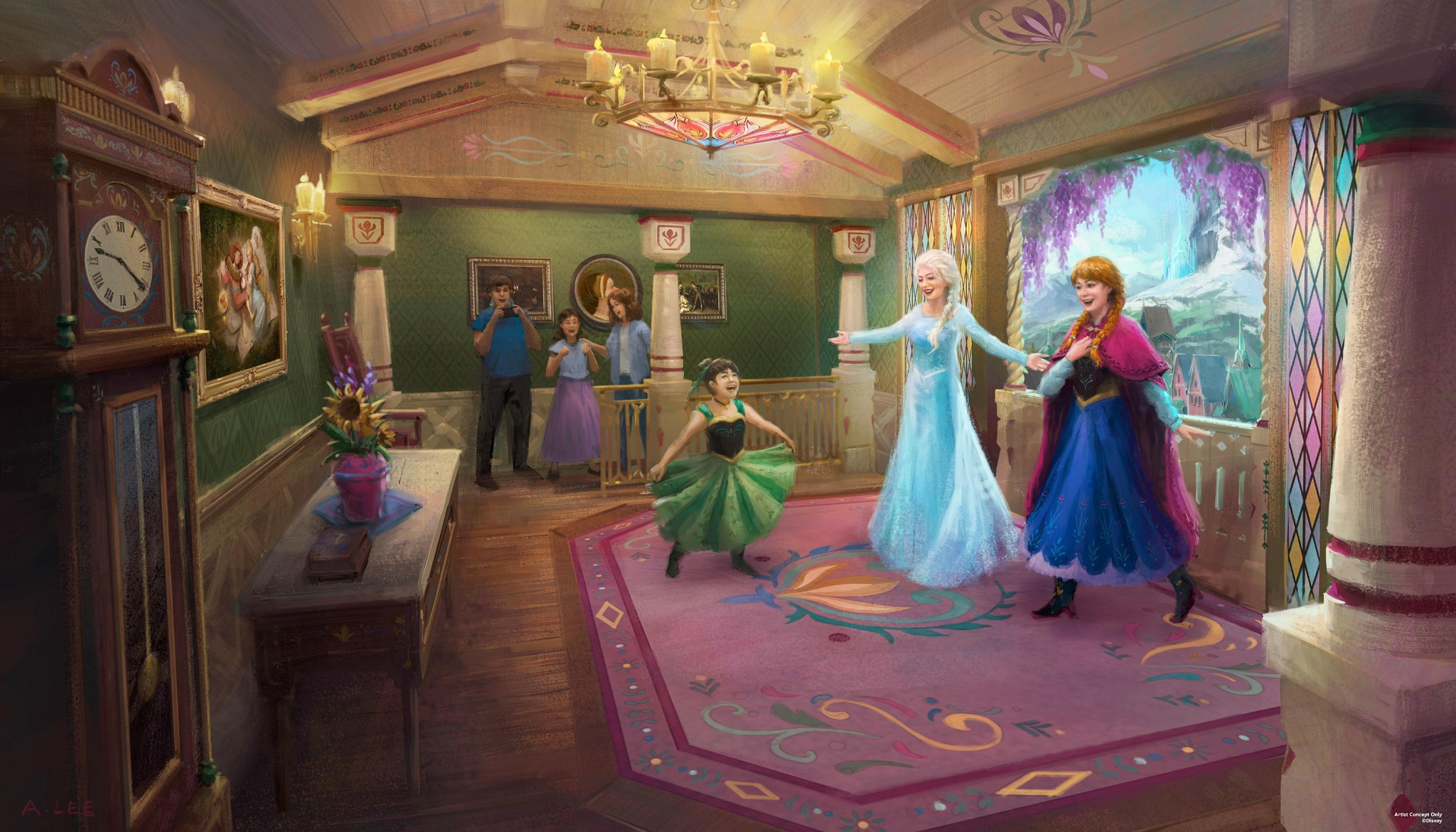 Rencontre avec Anna, Elsa et Olaf dans un jardin illuminé